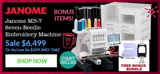 Janome embroidery machine with promotional text and graphics