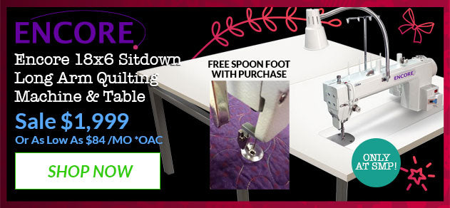 Encore long arm quilting machine with table on a promotional banner.