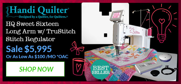 Handi Quilter sewing machine with promotional text