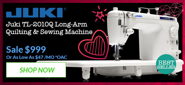 Juki TL-2010Q long-arm quilting and sewing machine with promotional text