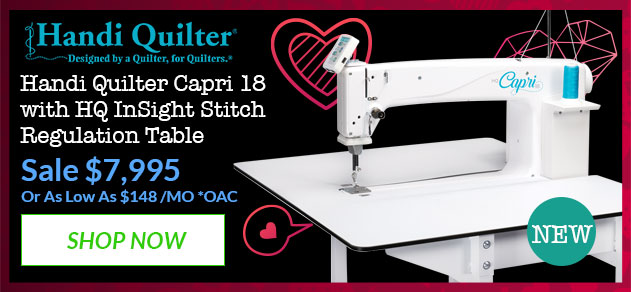 Handi Quilter Capri 18 sewing machine  on a promotional banner.