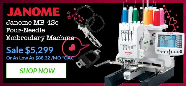 Janome MB-4Se Four-Needle Embroidery Machine banner with offer details