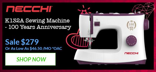 Necchi K132A Sewing Machine 100 Years Anniversary Edition banner with offer details

