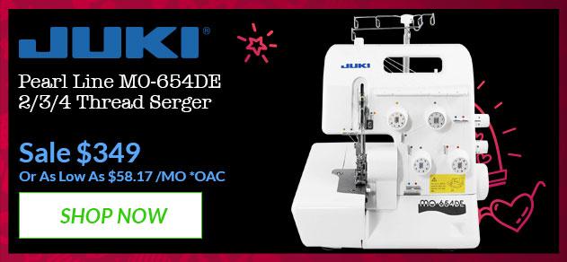 Juki Pearl Line MO-654DE 2/3/4 Thread Serger banner with offer details