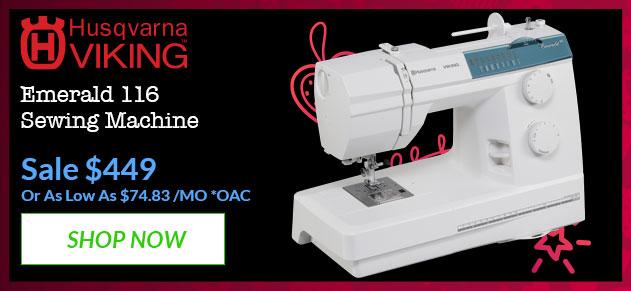 Husqvarna Viking Emerald 116 Sewing Machine banner with offer details