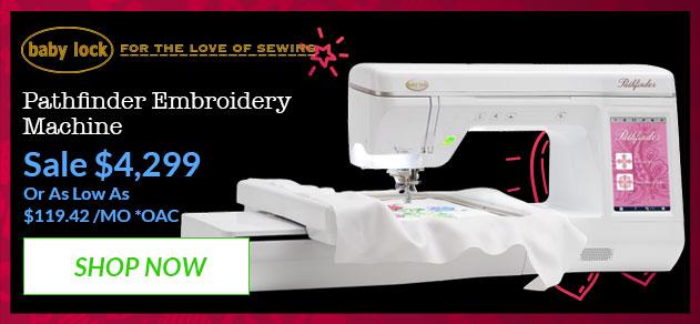 Baby Lock Pathfinder Embroidery Machine banner with offer details