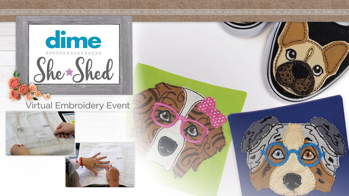 Promotional image for a virtual embroidery event with dog-themed coasters and 'dime' branding.