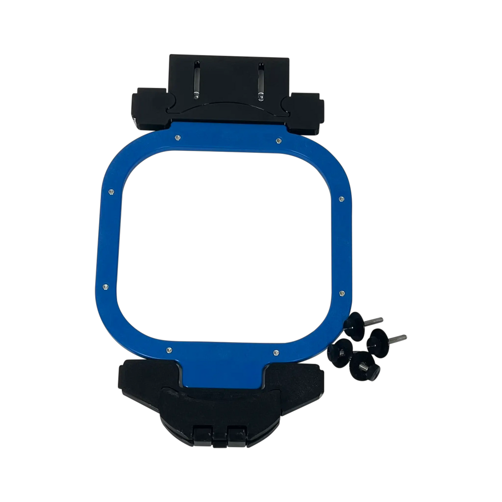 Sleeve/Cap Board Pro Combo Bracket Set add-on for hooping aids, blue hoop with black mounting bracket by Tex Inc.