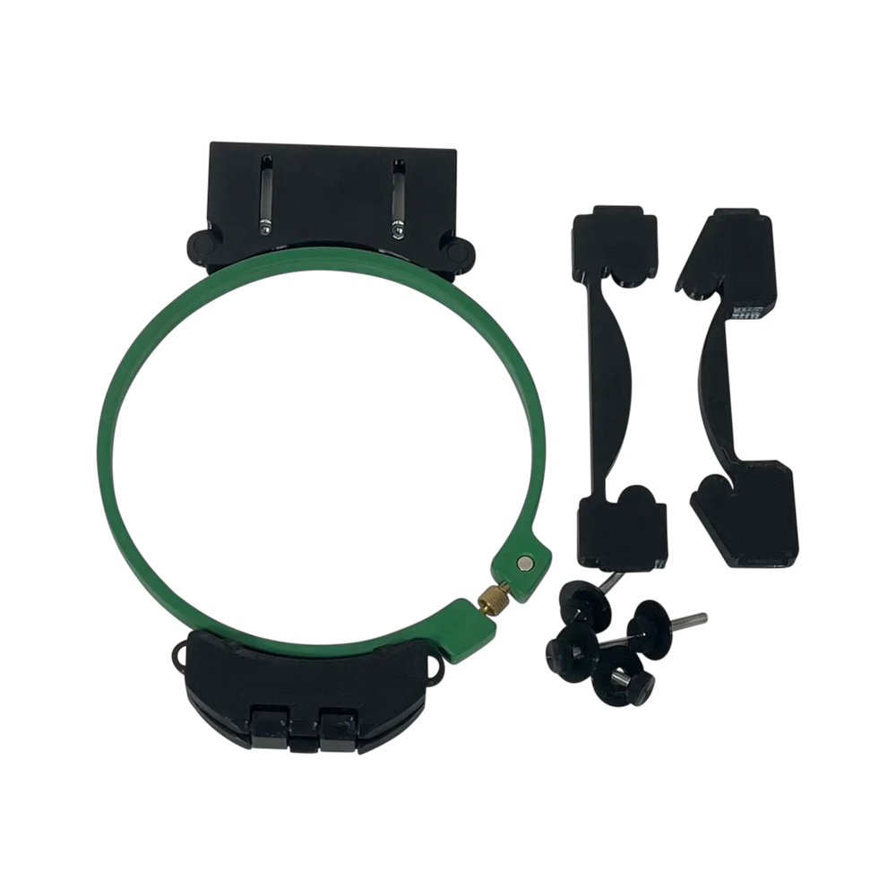 Sleeve/Cap Board Pro Combo Bracket Set add-on for embroidery hooping; green hoop with black brackets and parts