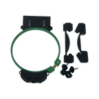 Sleeve/Cap Board Pro Combo Bracket Set add-on for embroidery hooping; green hoop with black brackets and parts