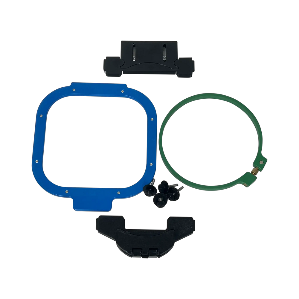 Sleeve/Cap Board Pro Combo Bracket Set Add-On by Tex Inc; blue frame, green hoop, black brackets with screws