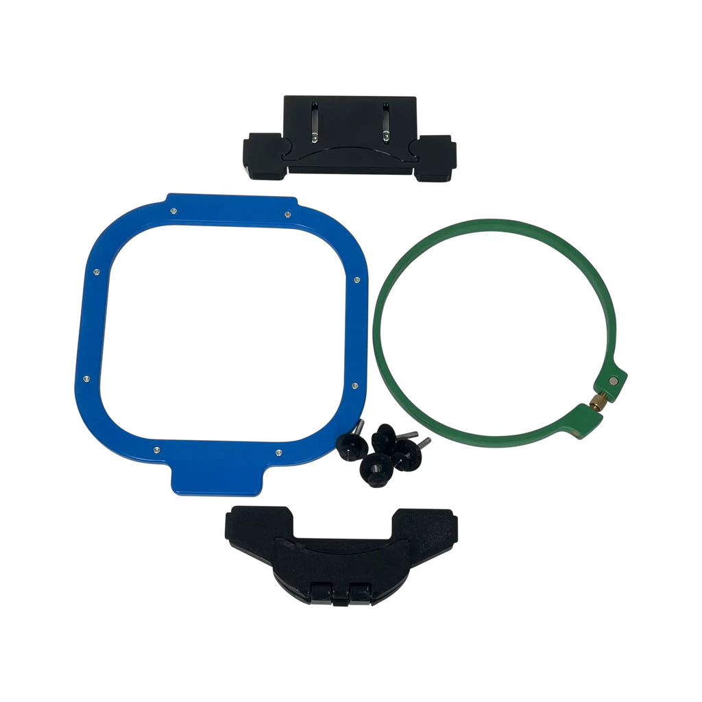 Sleeve/Cap Board Pro Combo Bracket Set Add-On by Tex Inc; blue frame, green hoop, black brackets with screws