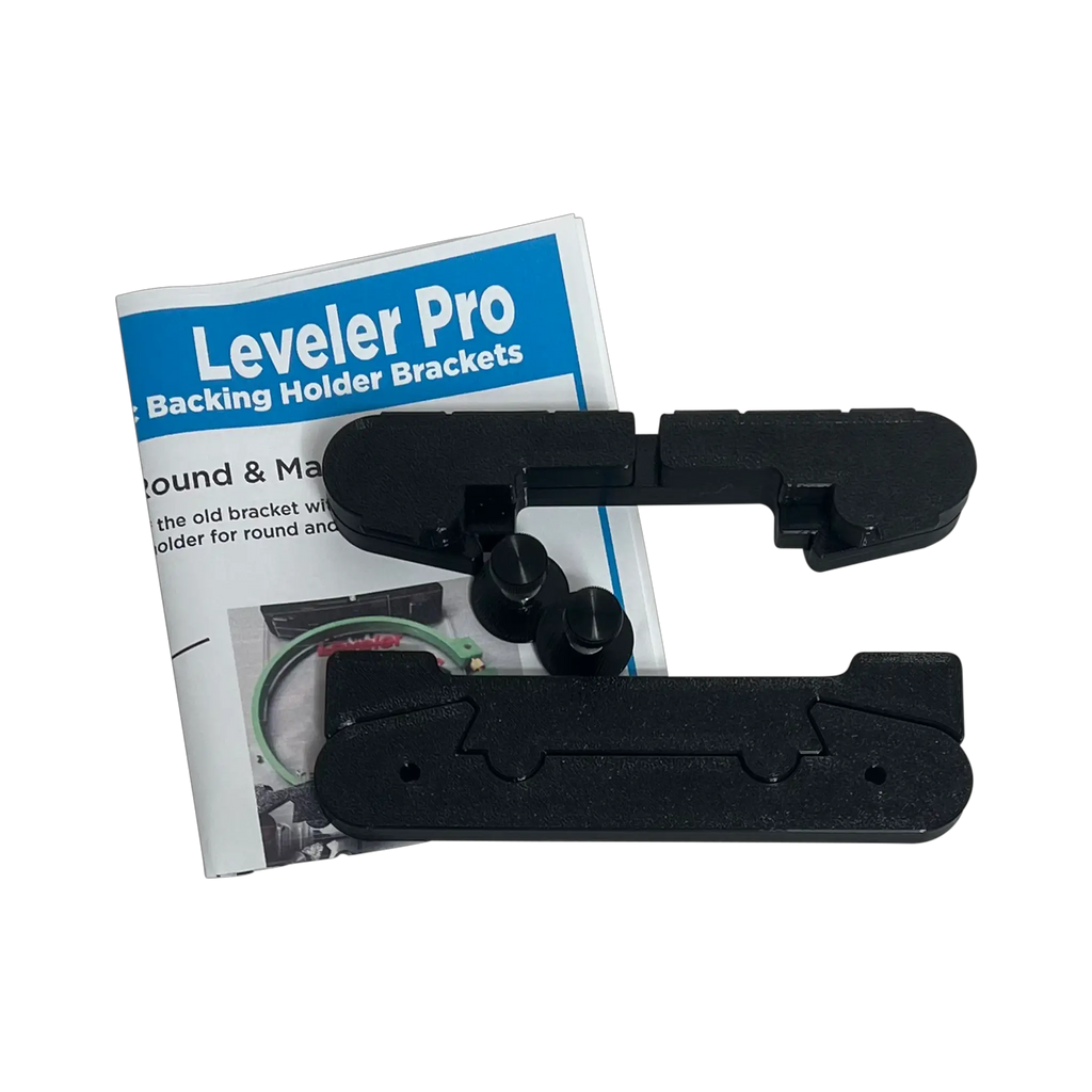 Leveler Pro Combo Bracket Set for Mighty & Round Hoops; black plastic hooping brackets.