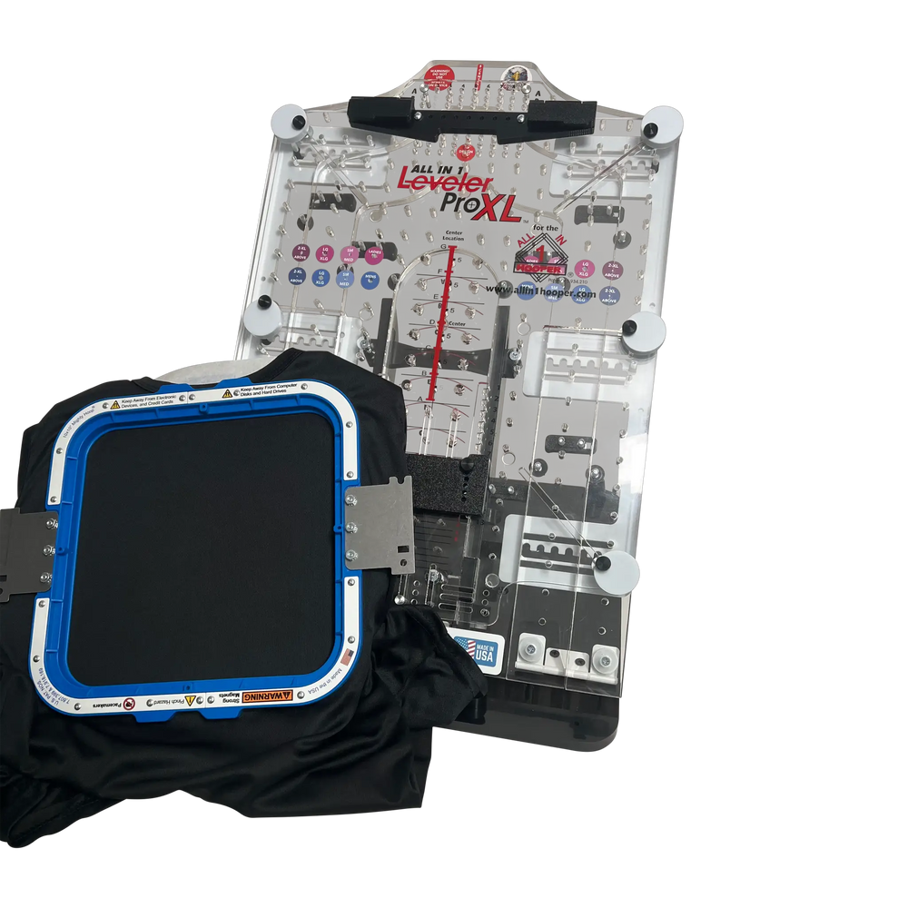 Leveler Pro XL Combo Bracket Set for Mighty Large Hoops Add-On by Tex Inc; blue hoop frame with clear acrylic panel