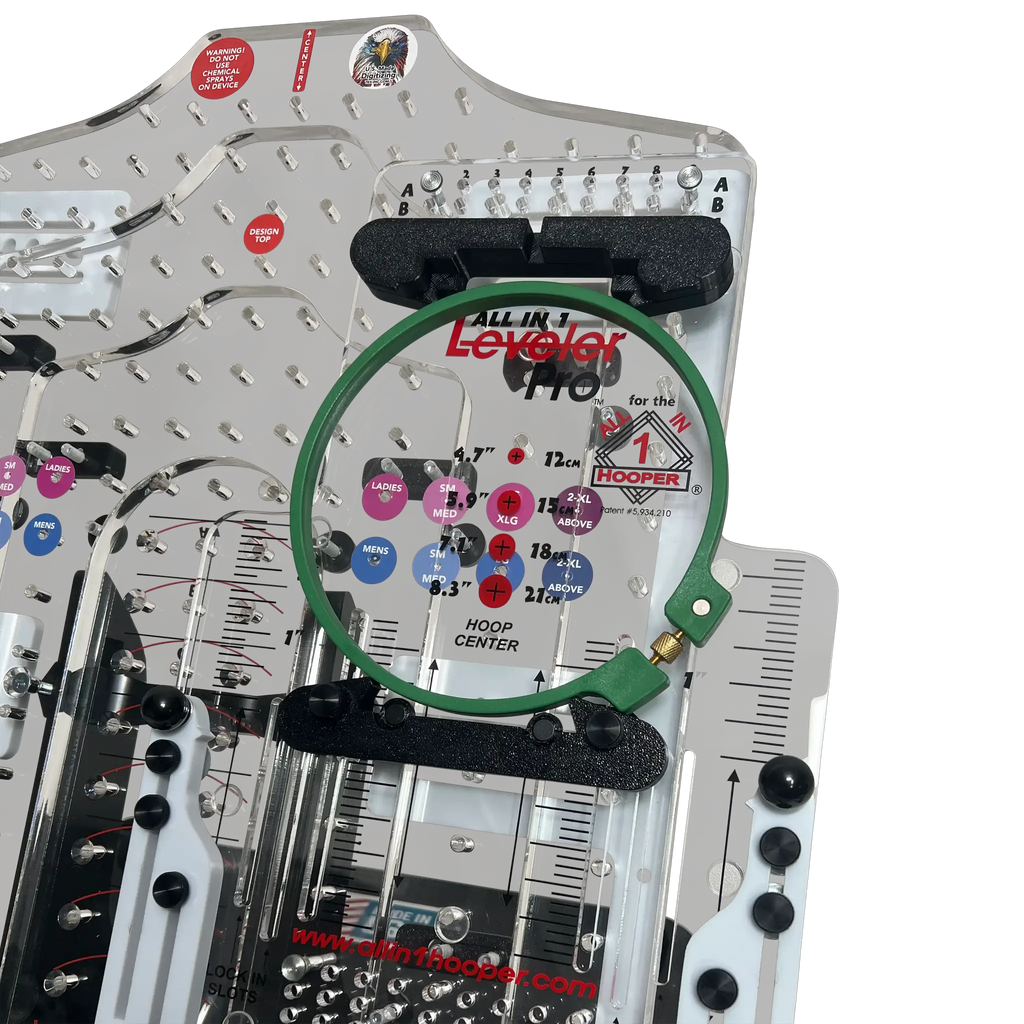 Leveler Pro Combo Bracket Set for Mighty & Round Hoops Add On by Tex Inc, clear acrylic with rulers and a green hoop