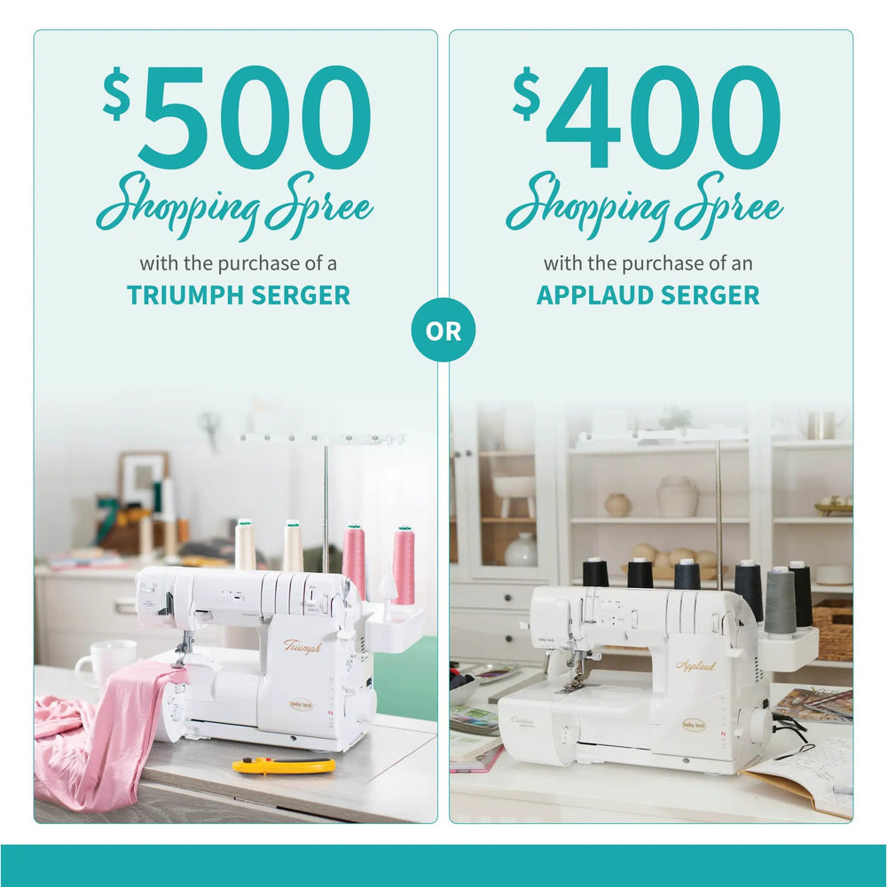Baby Lock Applaud Creative Top Cover Stitch Serger and Triumph Serger (2 units) on a white sewing desk