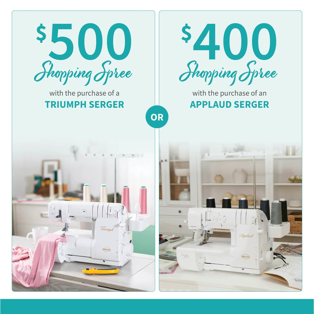 Baby Lock Applaud Creative Top Cover Stitch Serger and Triumph Serger (2 units) on a white sewing desk