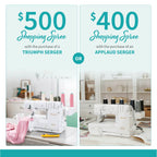 Baby Lock Applaud Creative Top Cover Stitch Serger and Triumph Serger (2 units) on a white sewing desk