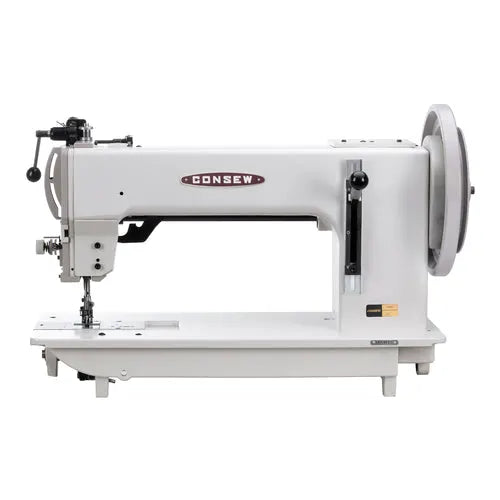 Consew 2040 industrial sewing machine in white with table and large right-side handwheel, heavy-duty setup