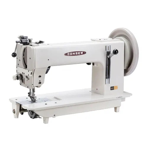 Consew 2040 single-needle heavy-duty industrial sewing machine with table and large wheel, white
