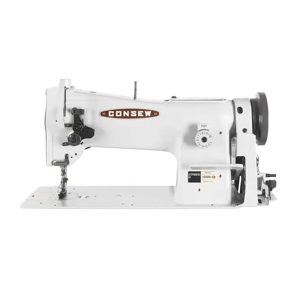 Consew 206RB-5 walking-foot upholstery sewing machine on table with 110V servo motor, white