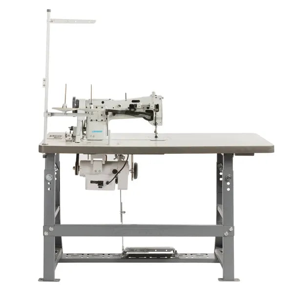 Consew 206RB-5 walking-foot upholstery sewing machine on gray metal table with stand (110V servo)