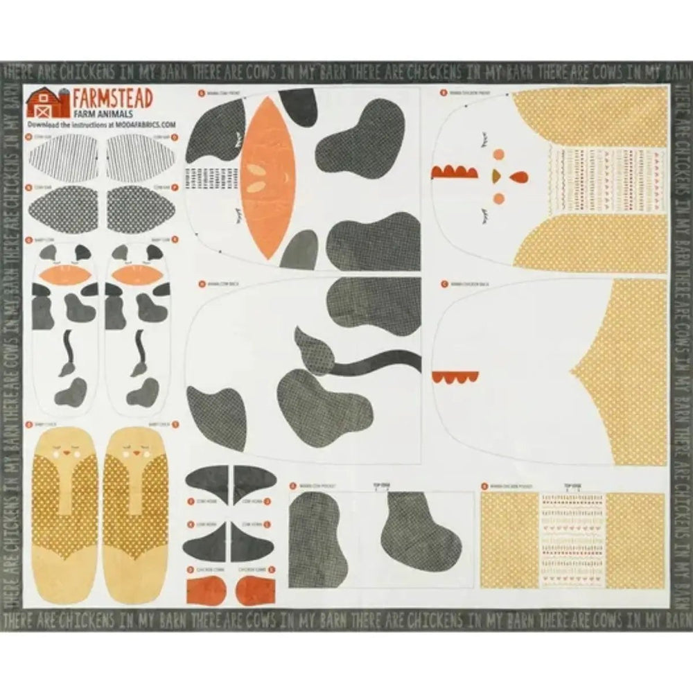 Farmstead Cow and Chick cuddle fabric panel by Stacy Iest Hsu featuring cut-and-sew farm animal plush pieces on low-pile polyester fabric.