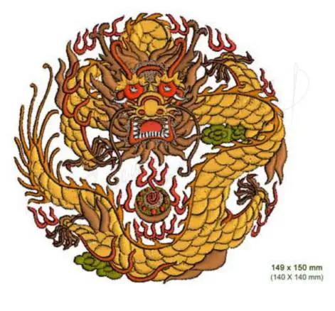Momo-Dini Embroidery Designs Chinese Dragon 1 pattern in gold/yellow with red accents (149 x 150 mm)