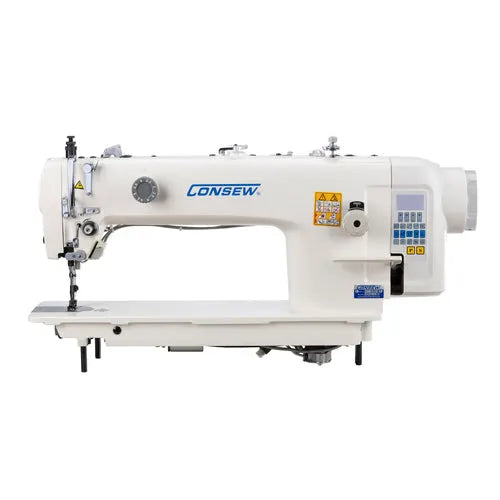 Consew industrial sewing machine, white with single-needle direct-drive walking foot on a table.