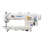 Consew industrial sewing machine, white with single-needle direct-drive walking foot on a table.