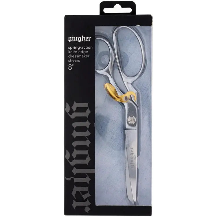 Gingher 8in spring-action scissors in boxed packaging; silver blades with a gold-colored mechanism.