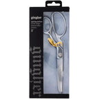 Gingher 8in spring-action scissors in boxed packaging; silver blades with a gold-colored mechanism.