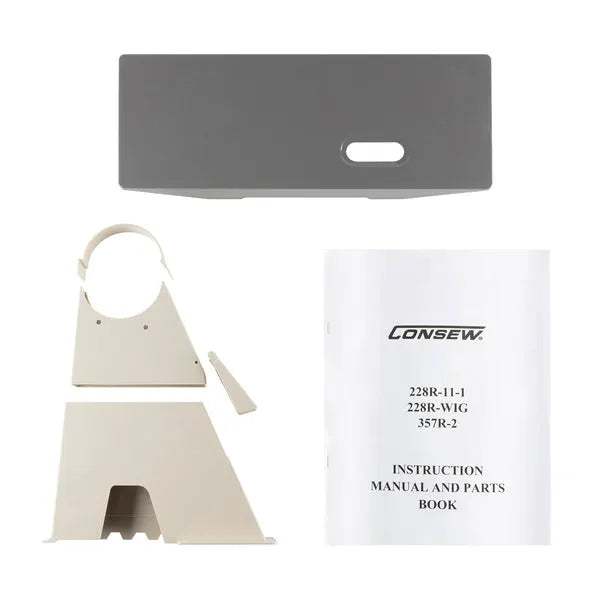 Consew 228R-WIG post-type sewing machine six-piece parts kit with grey plate, beige mounting brackets, and manual