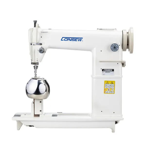 Consew 228R-WIG post-type sewing machine, white, high-speed, single-needle, drop-feed with spherical needle area.
