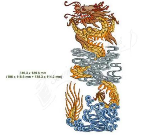 Embroidery design Momo-Dini Chinese Dragon 2, yellow dragon with blue waves.