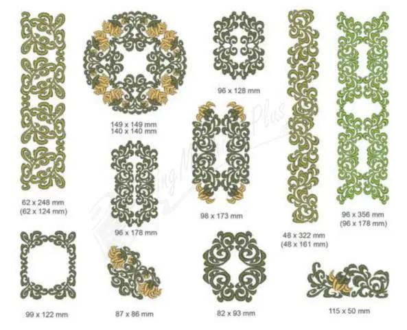 Momo-Dini Embroidery Designs - Yellow Peony collection; gold and green ornate embroidery motifs