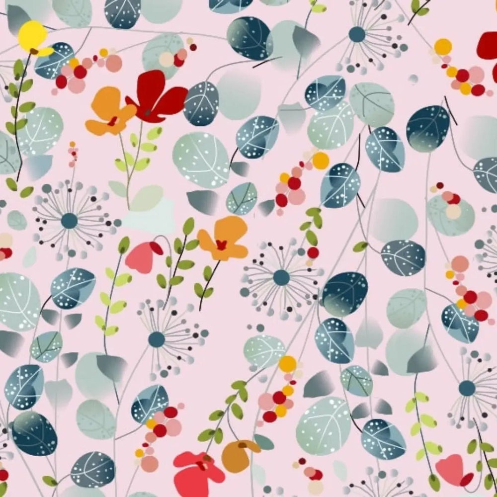The Magical Garden Succulent Pale Pink quilting fabric with wildflowers, foliage, berries and botanical motifs by Sarah J Patterson