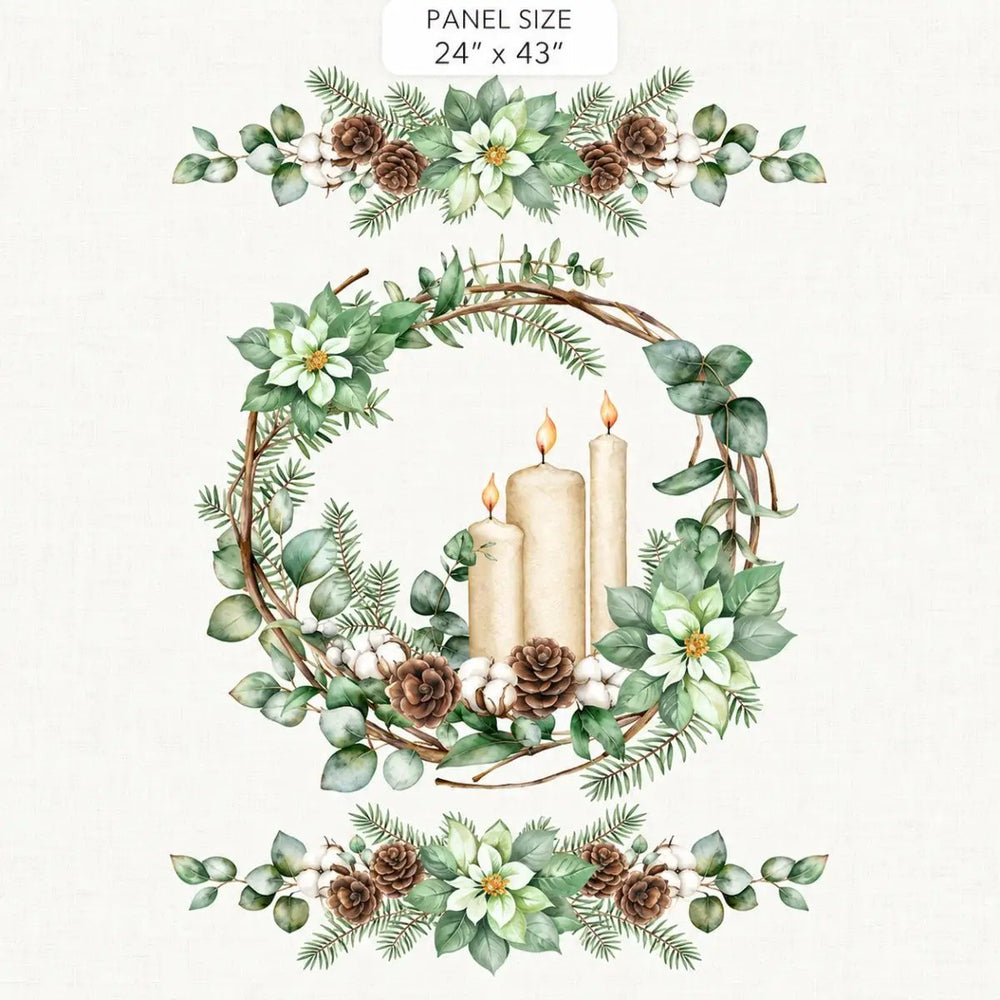 Northcott White Linen Christmas wreath and candle 24-inch cotton fabric panel