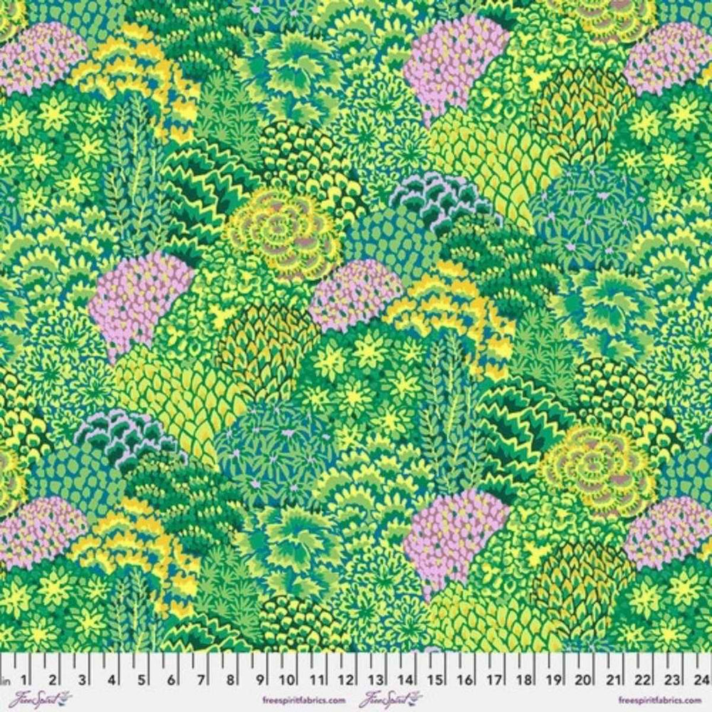 Large Oriental Trees Green quilting cotton fabric with bold colorful botanical tree motifs by Kaffe Fassett for FreeSpirit Fabrics.