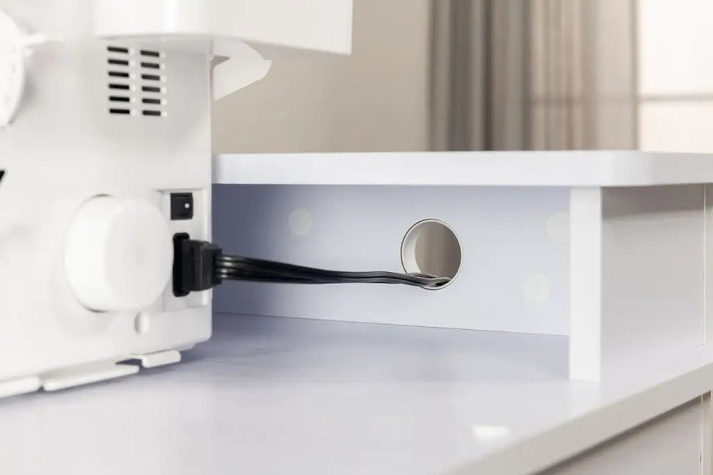 New Koala Serger Studio extension table, white with polka-dot back panel and cable hole