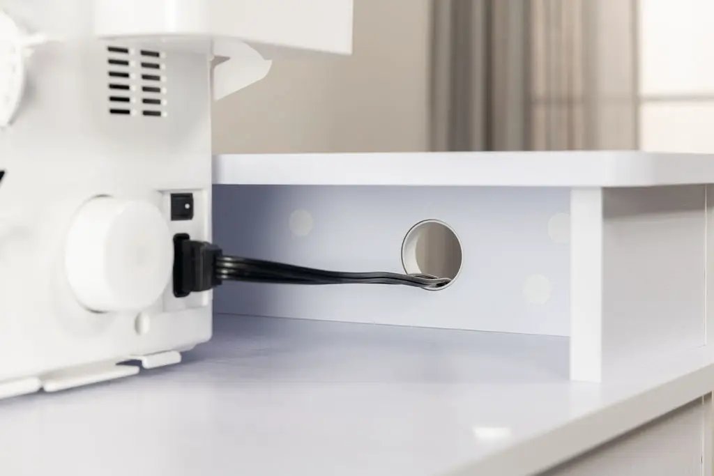 New Koala Serger Studio extension table, white with polka-dot back panel and cable hole