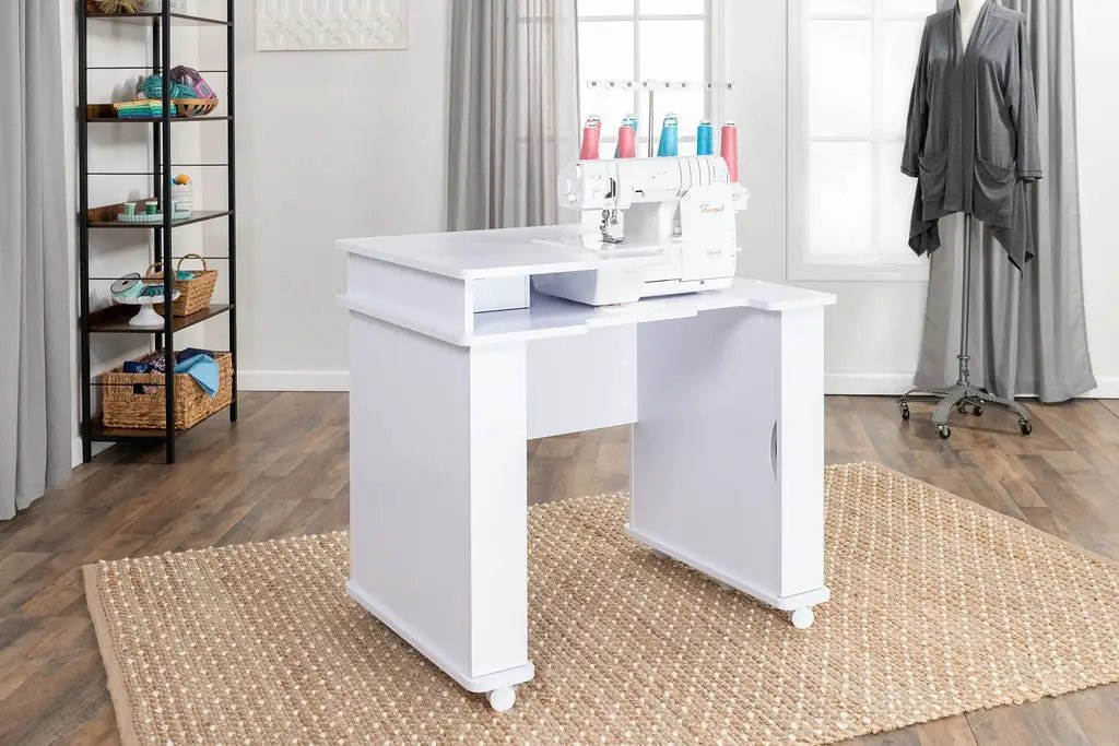 New Koala Serger Studio sewing machine extension table in white with caster wheels