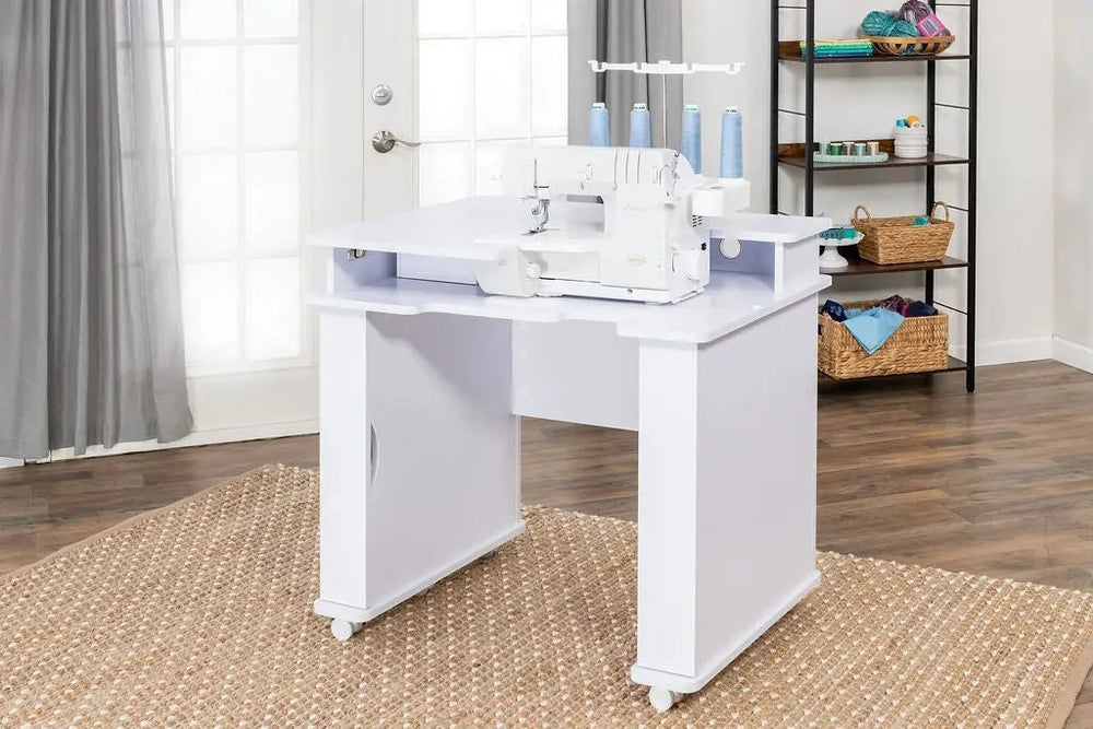 Koala Serger Studio sewing machine extension table, white, wheeled base
