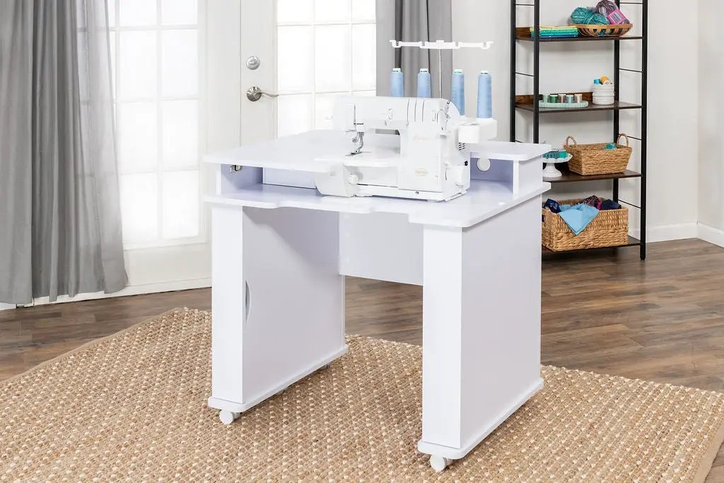 Koala Serger Studio sewing machine extension table, white, wheeled base