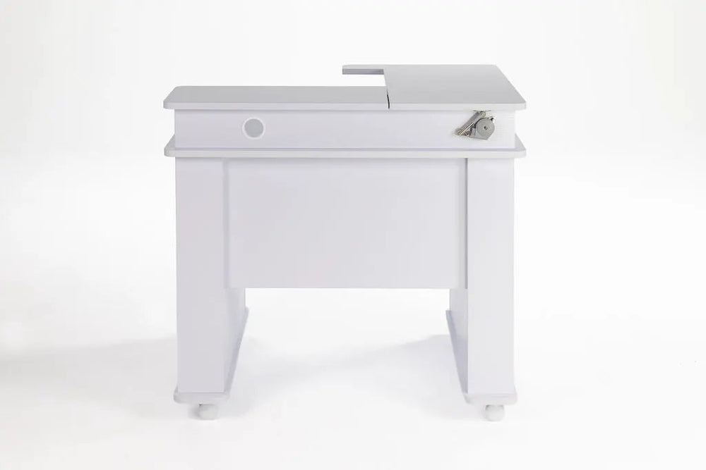 New Koala Serger Studio serger table in white with gray top and caster wheels