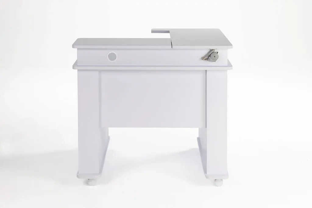 New Koala Serger Studio serger table in white with gray top and caster wheels