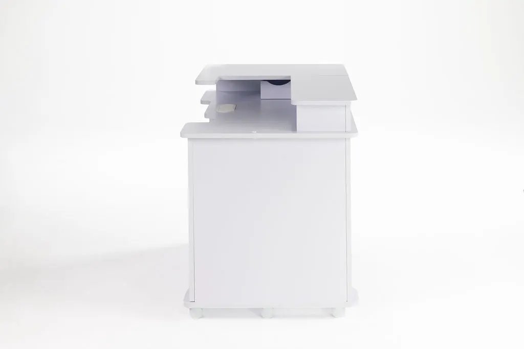Koala Serger Studio sewing machine extension table on wheels, white with elevated shelves