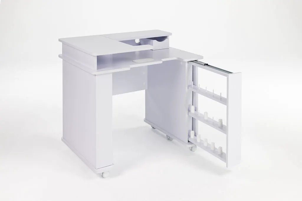Koala Serger Studio white sewing machine extension table with built-in storage and rolling cabinet