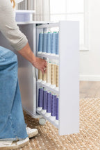 Koala Serger Studio table with white frame and thread-spool rack of blue, beige, and purple spools