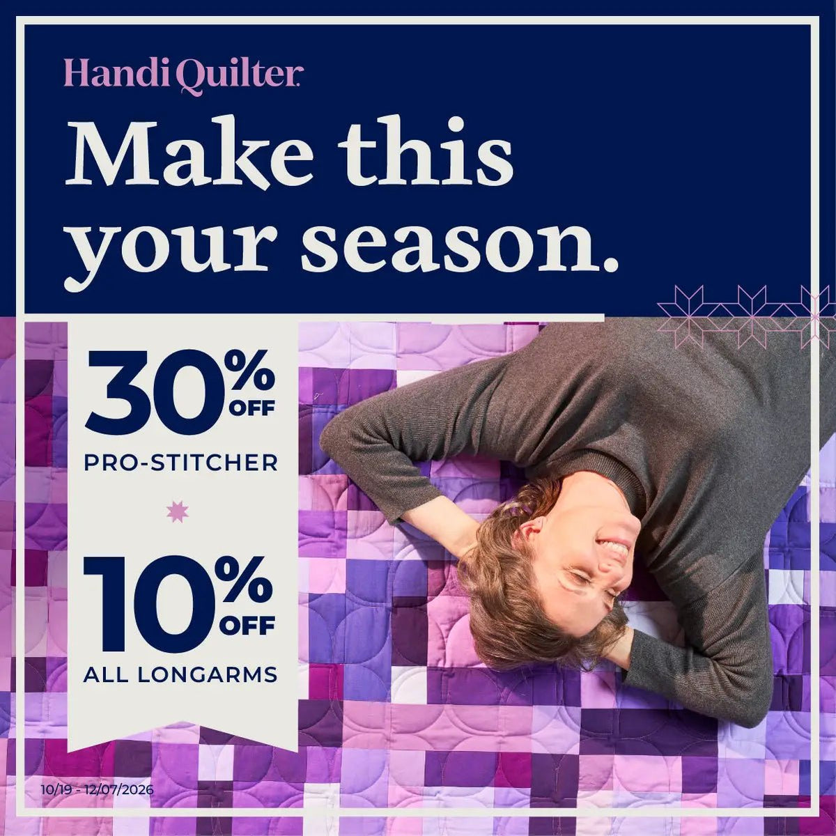 Longarm quilting machines by HandiQuilter on a purple quilt, featuring 30% off Pro-Stitcher and 10% off all longarms.
